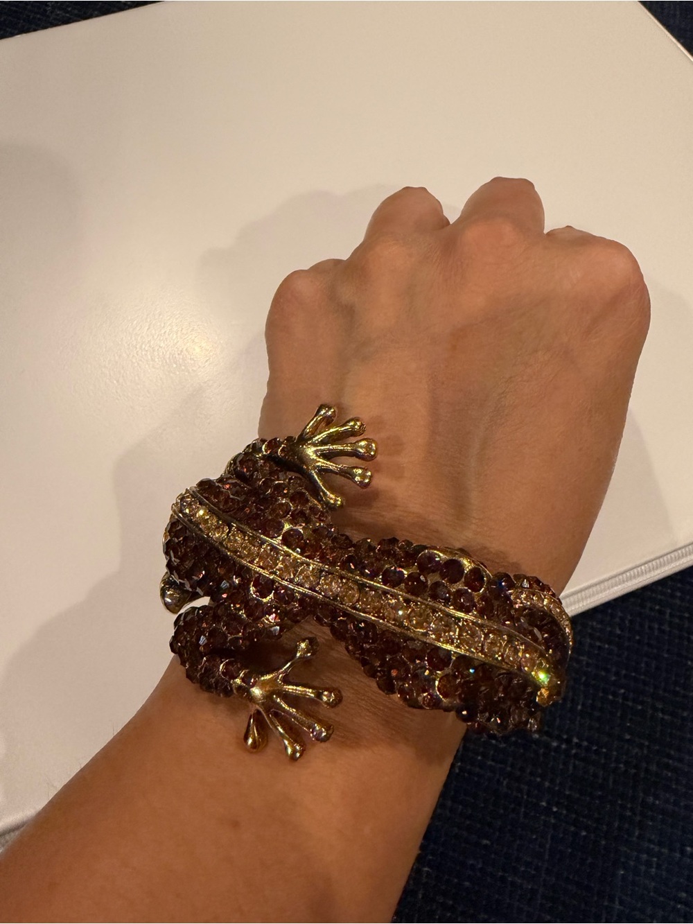 Gold-Tone Frog Wrap Bracelet with Brown and Amber Crystals